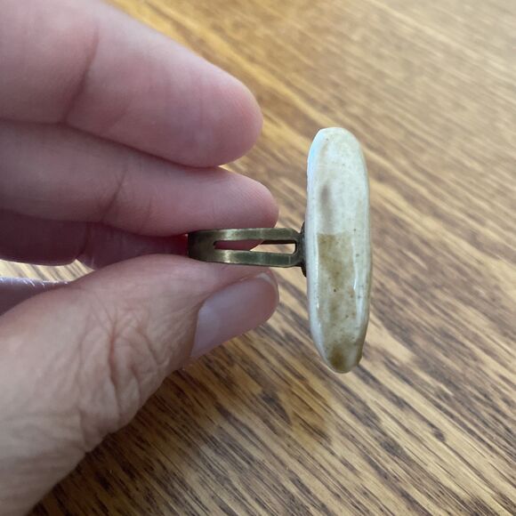 White Tan Oblong Chunky Boho Handmade Artisan Ceramic Glass‎ Ring Adjustable - Picture 5 of 7